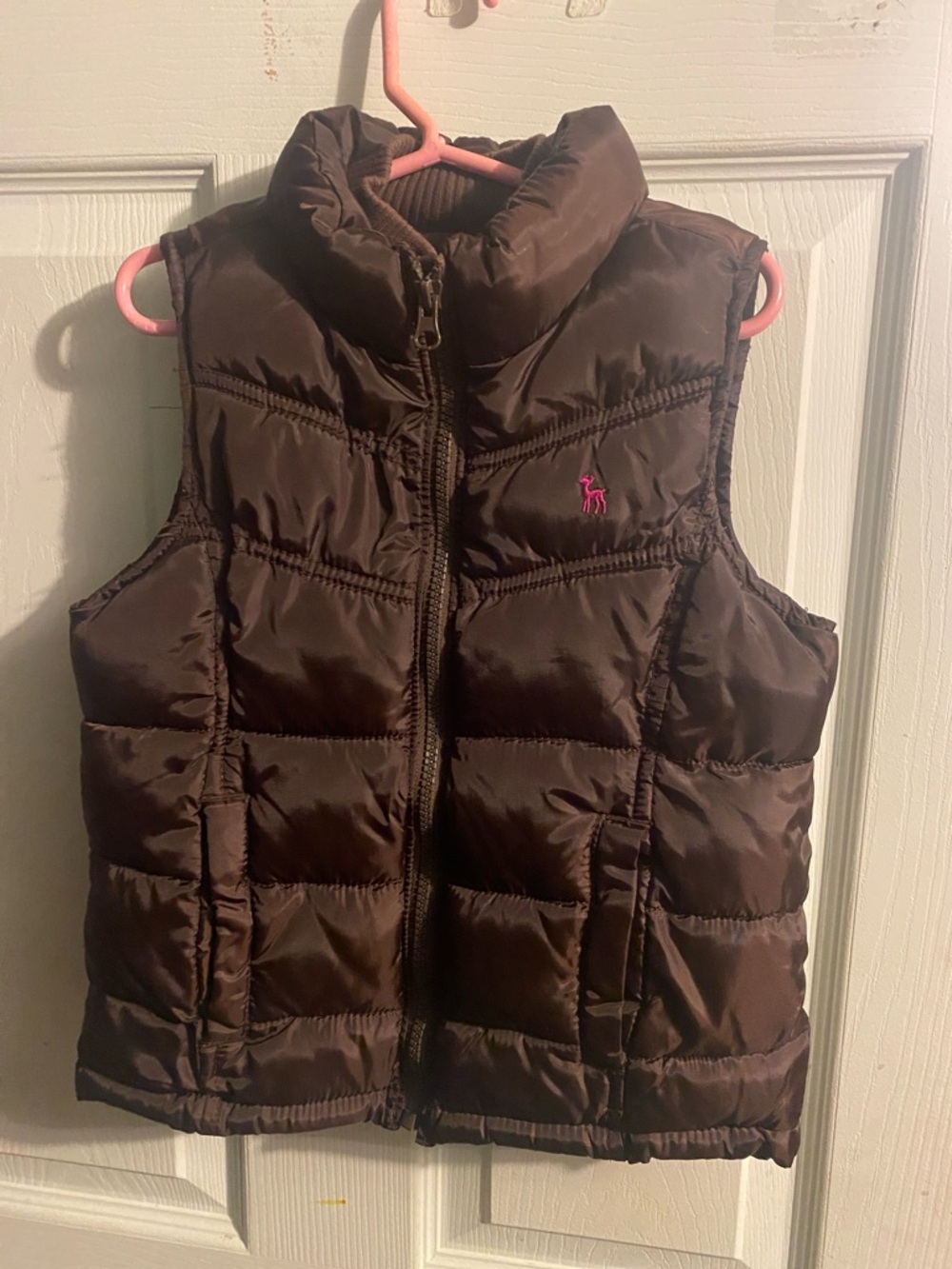 Old Navy Brown Quilted Puffer Vest with Pink Logo Accent